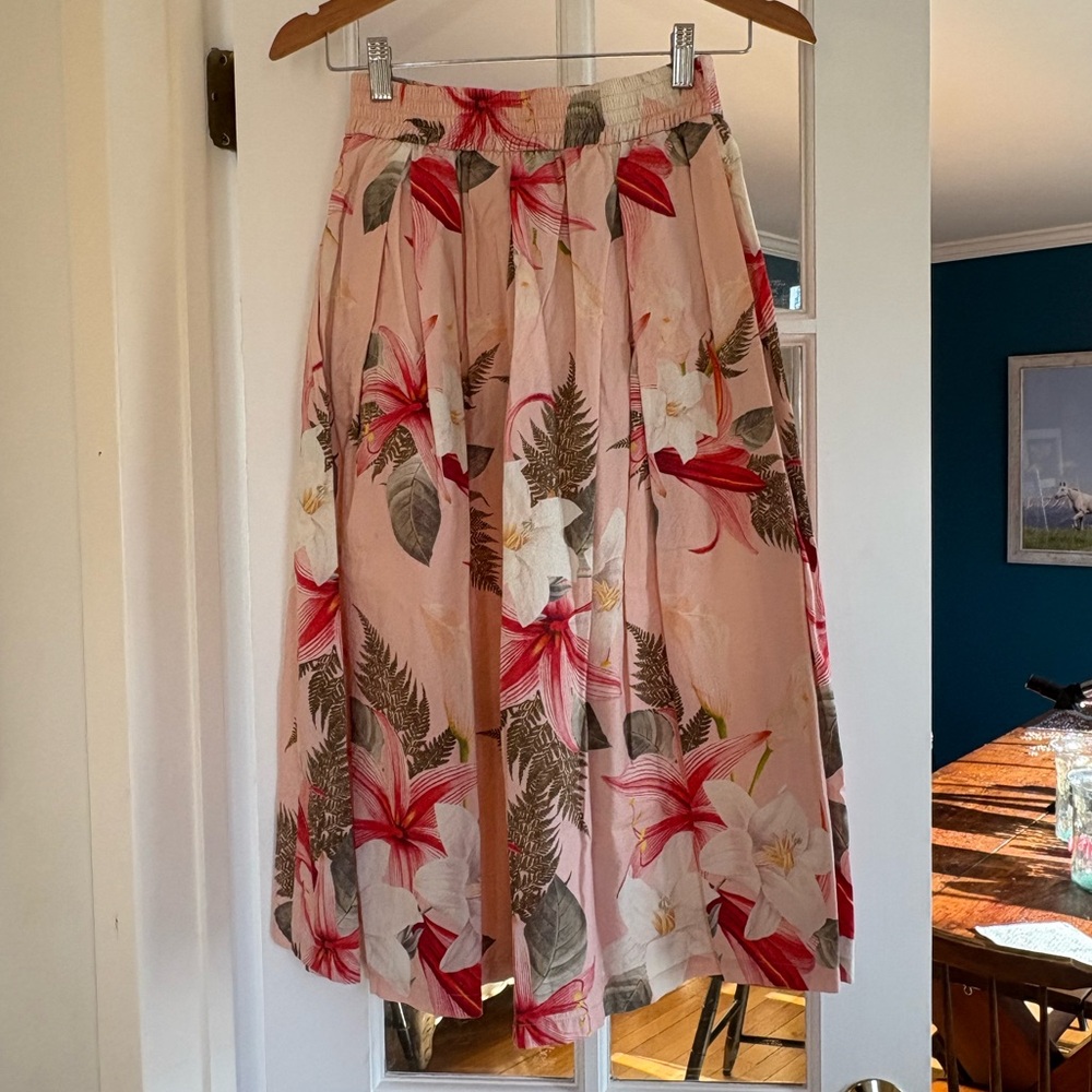 Zara Floral Pink Midi Skirt with Elastic Waist